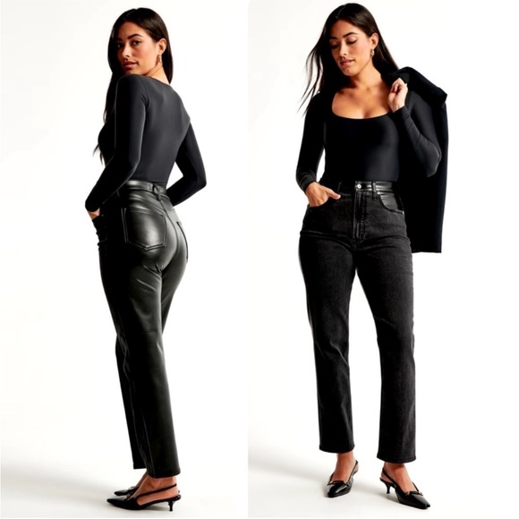 Abercrombie & Fitch Black Mixed Material Ankle Straight Ultra High Rise Jeans - Picture 1 of 9